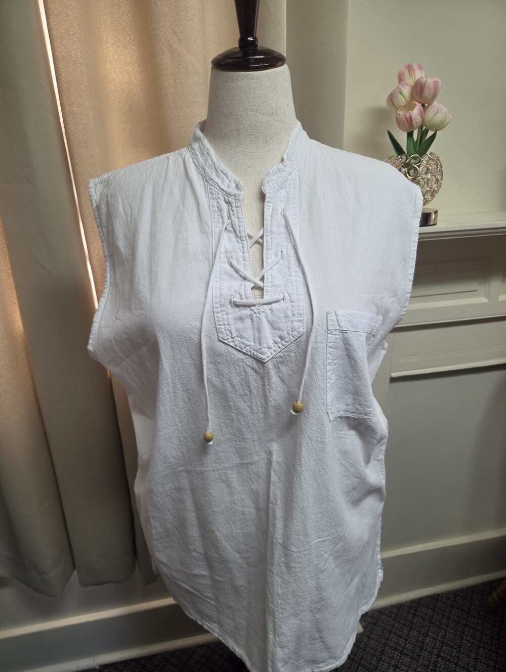 Cotton Collection White Sleeveless Lace-Up Tunic Top 100% Organic XL